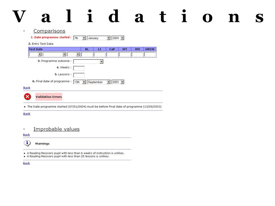 Validations Comparisons Improbable values