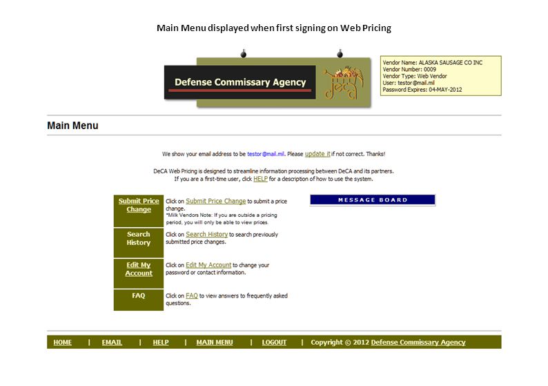 Main Menu displayed when first signing on Web Pricing