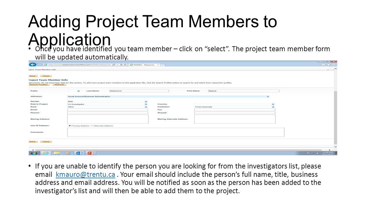Adding Project Team Members to Application