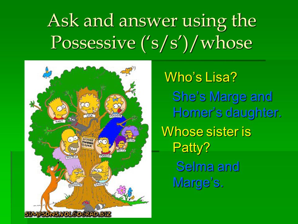 Ask and answer using the Possessive (‘s/s’)/whose