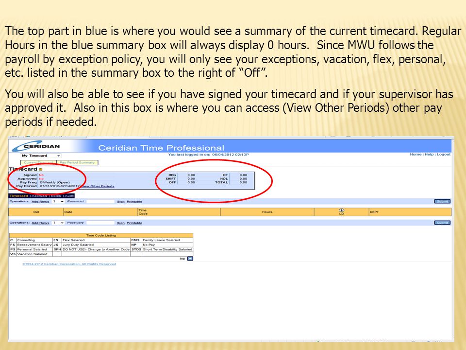 The top part in blue is where you would see a summary of the current timecard. Regular Hours in the blue summary box will always display 0 hours. Since MWU follows the payroll by exception policy, you will only see your exceptions, vacation, flex, personal, etc. listed in the summary box to the right of Off .