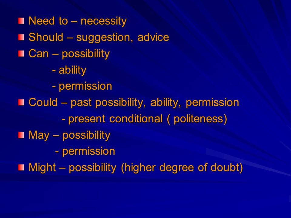 Need to – necessity Should – suggestion, advice. Can – possibility. - ability. - permission. Could – past possibility, ability, permission.