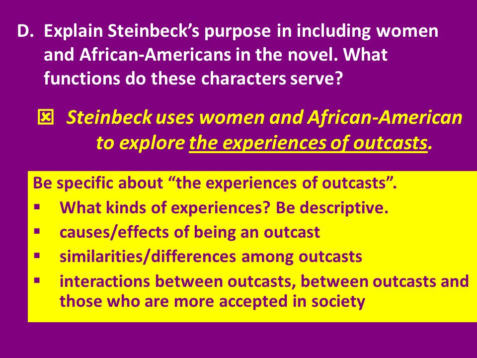 Explain Steinbeck’s purpose in including women and African-Americans in the novel. What functions do these characters serve