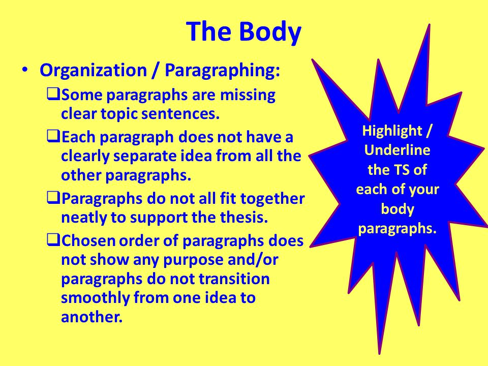 Highlight / Underline the TS of each of your body paragraphs.