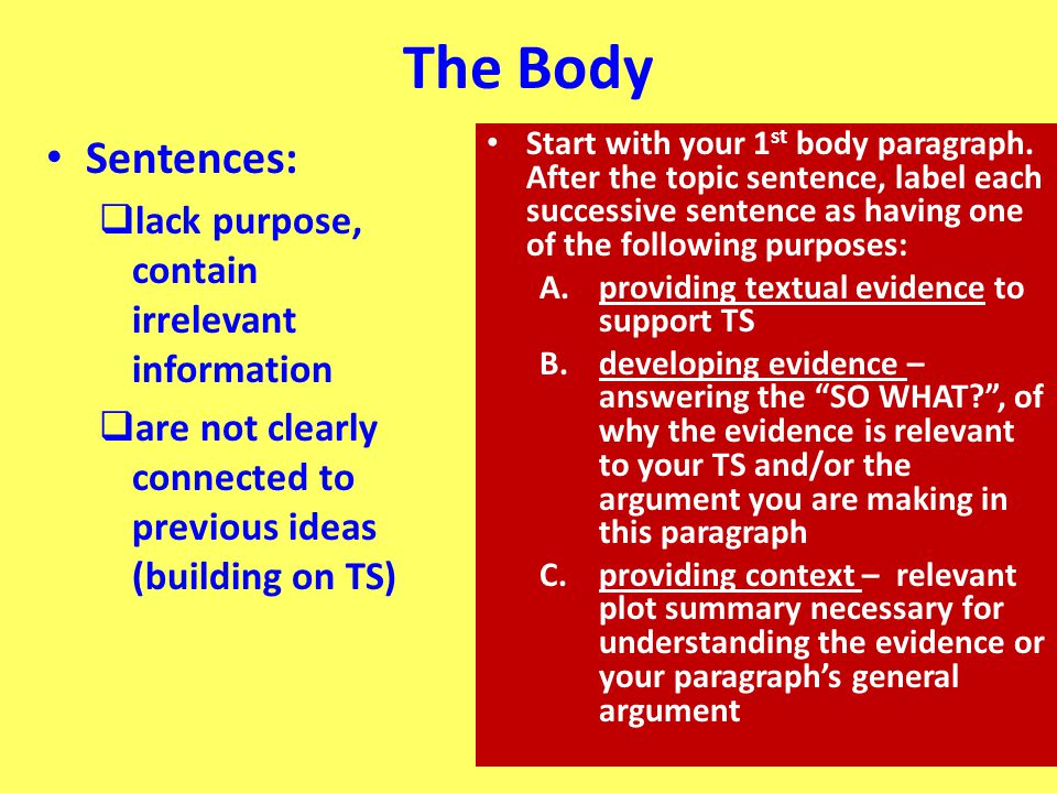 The Body Sentences: lack purpose, contain irrelevant information