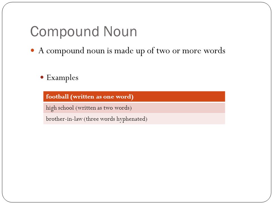Compound Noun A compound noun is made up of two or more words Examples