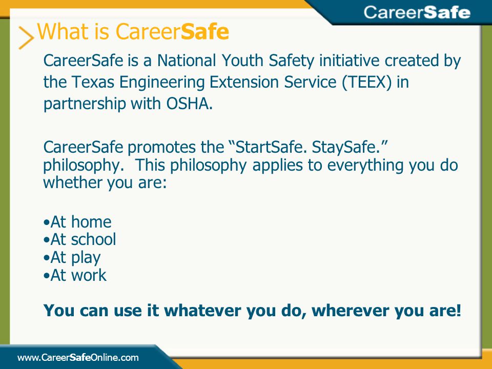 What is CareerSafe CareerSafe is a National Youth Safety initiative created by. the Texas Engineering Extension Service (TEEX) in.