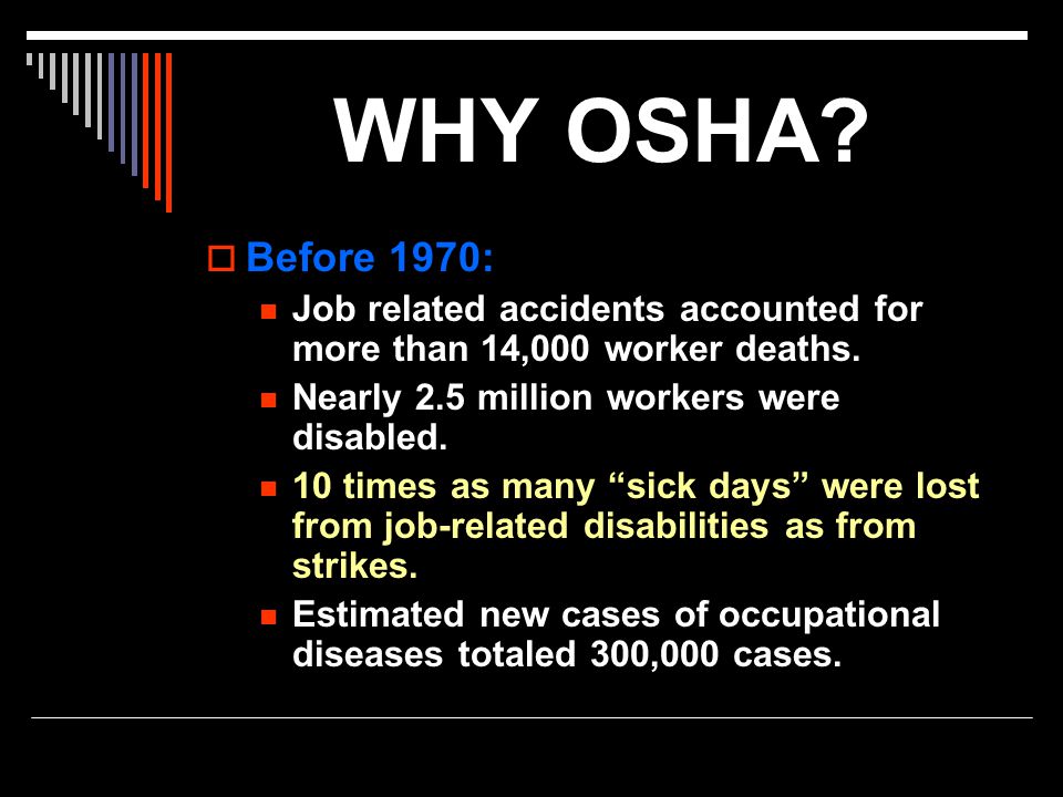 WHY OSHA Before 1970: Job related accidents accounted for more than 14,000 worker deaths. Nearly 2.5 million workers were disabled.