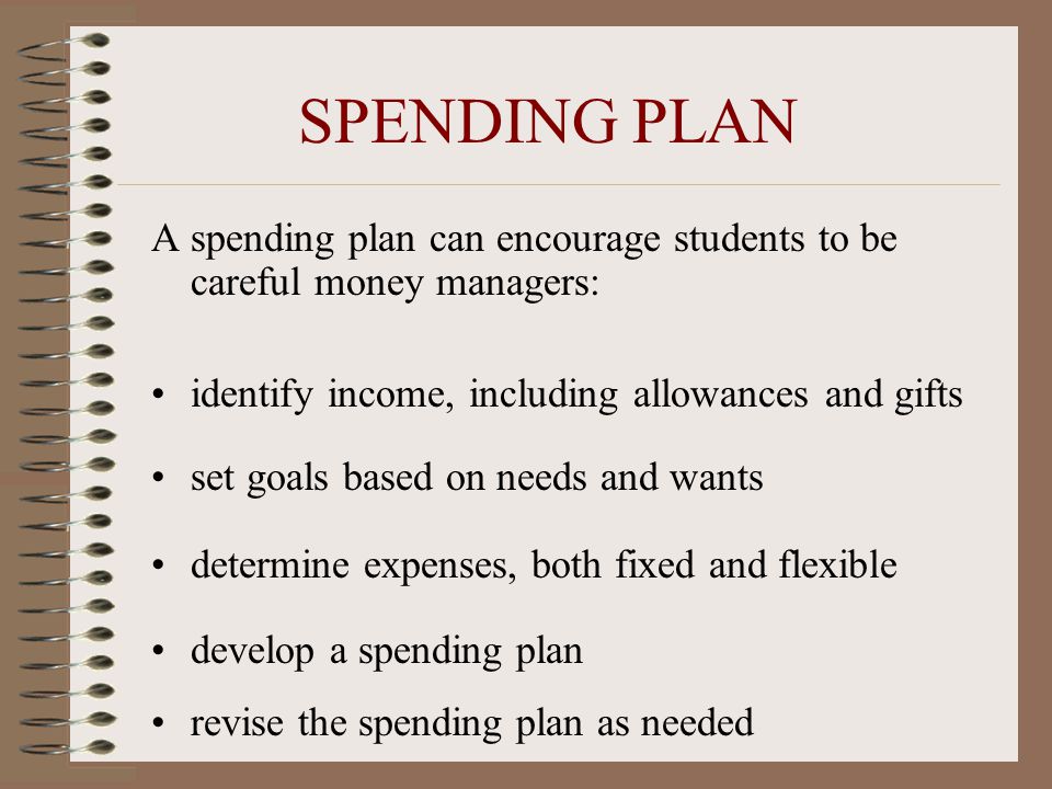 SPENDING PLAN A spending plan can encourage students to be careful money managers: identify income, including allowances and gifts.