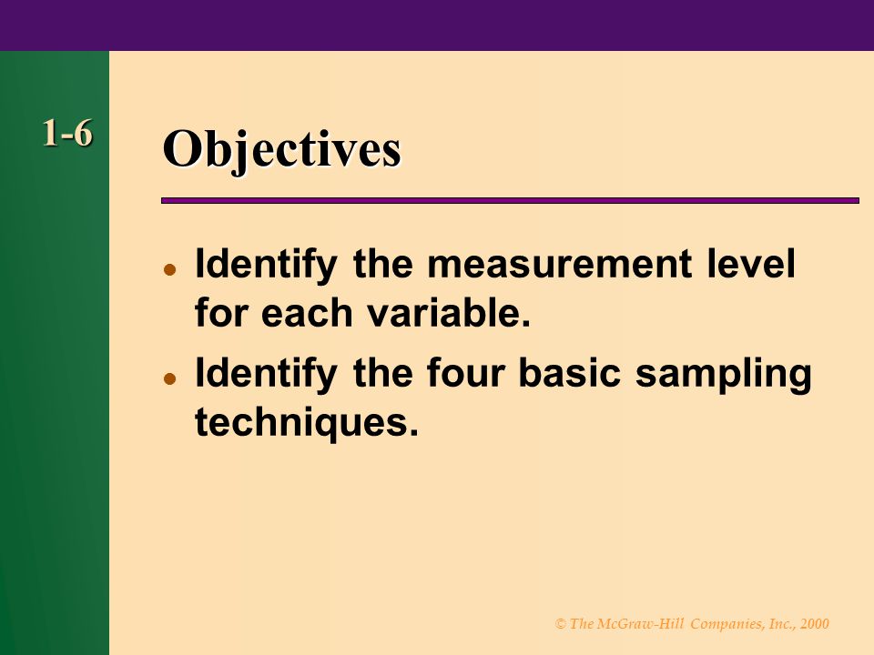 Objectives Identify the measurement level for each variable.