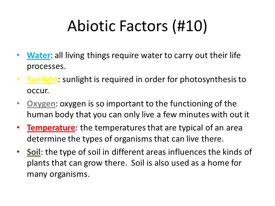 Abiotic Factors (#10) Water: all living things require water to carry out their life processes.
