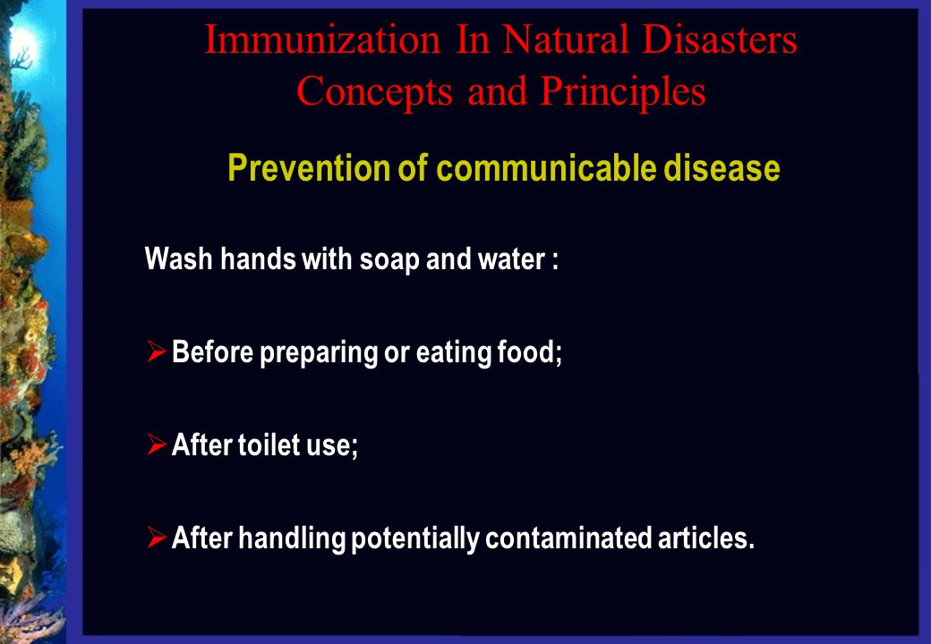 Immunization In Natural Disasters Concepts and Principles Prevention of communicable disease