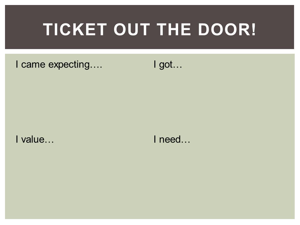 Ticket Out the Door! I came expecting…. I got… I value… I need…