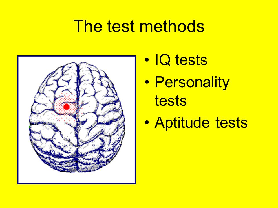 The test methods IQ tests Personality tests Aptitude tests