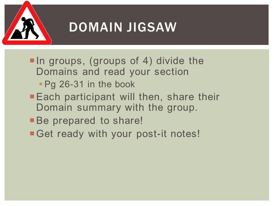 Domain Jigsaw In groups, (groups of 4) divide the Domains and read your section. Pg in the book.