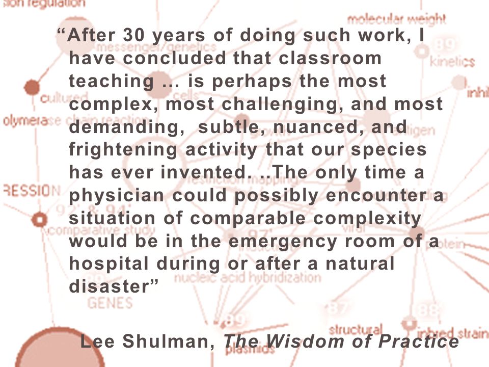 After 30 years of doing such work, I have concluded that classroom teaching … is perhaps the most complex, most challenging, and most demanding, subtle, nuanced, and frightening activity that our species has ever invented. ..The only time a physician could possibly encounter a situation of comparable complexity would be in the emergency room of a hospital during or after a natural disaster