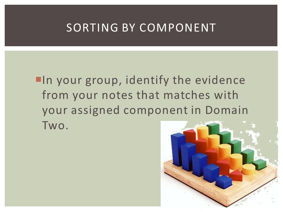Sorting by Component In your group, identify the evidence from your notes that matches with your assigned component in Domain Two.