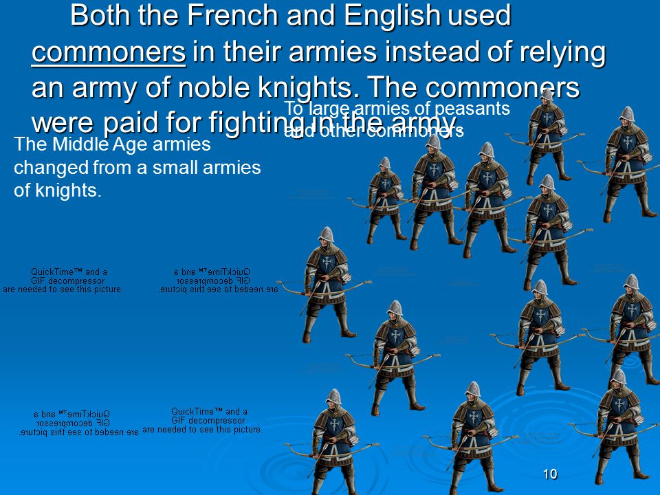 Both the French and English used commoners in their armies instead of relying an army of noble knights. The commoners were paid for fighting in the army.