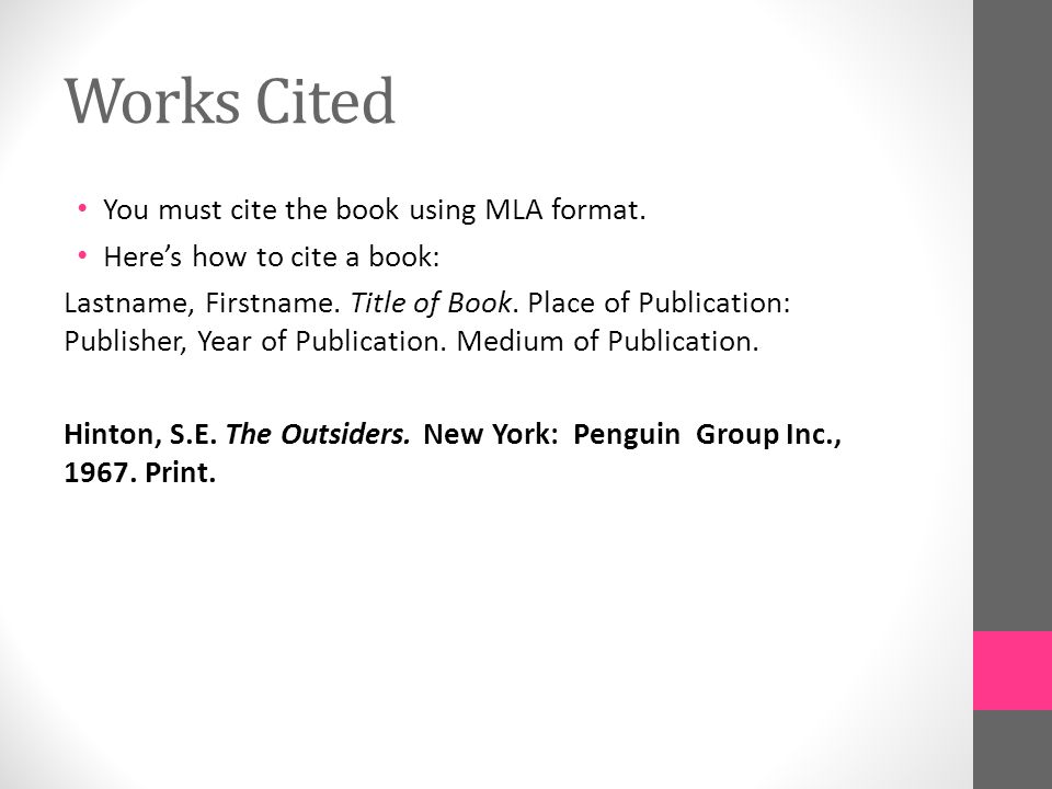Works Cited You must cite the book using MLA format.