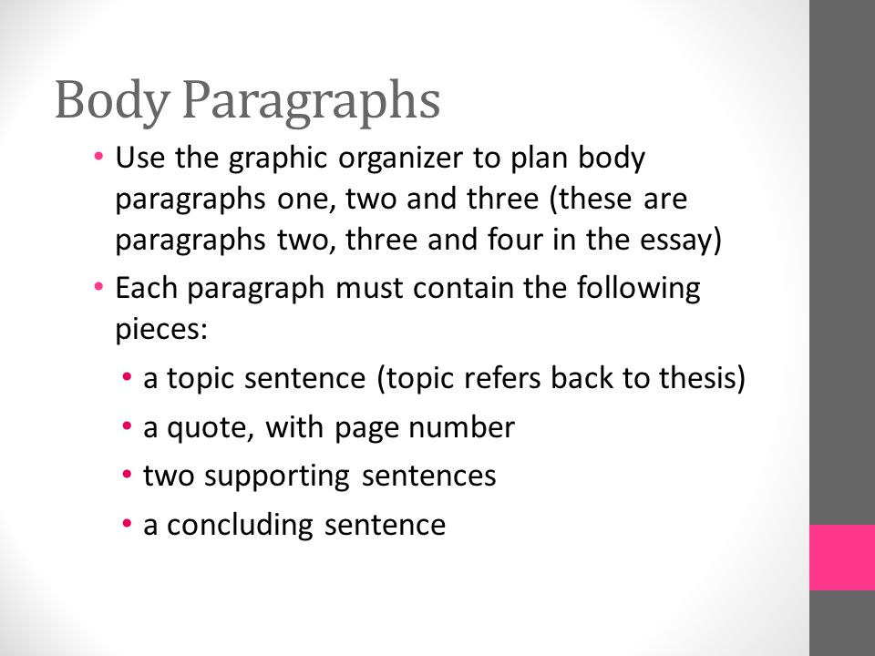 Body Paragraphs Use the graphic organizer to plan body paragraphs one, two and three (these are paragraphs two, three and four in the essay)