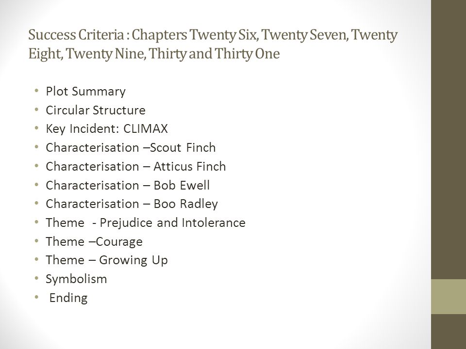 Success Criteria : Chapters Twenty Six, Twenty Seven, Twenty Eight, Twenty Nine, Thirty and Thirty One