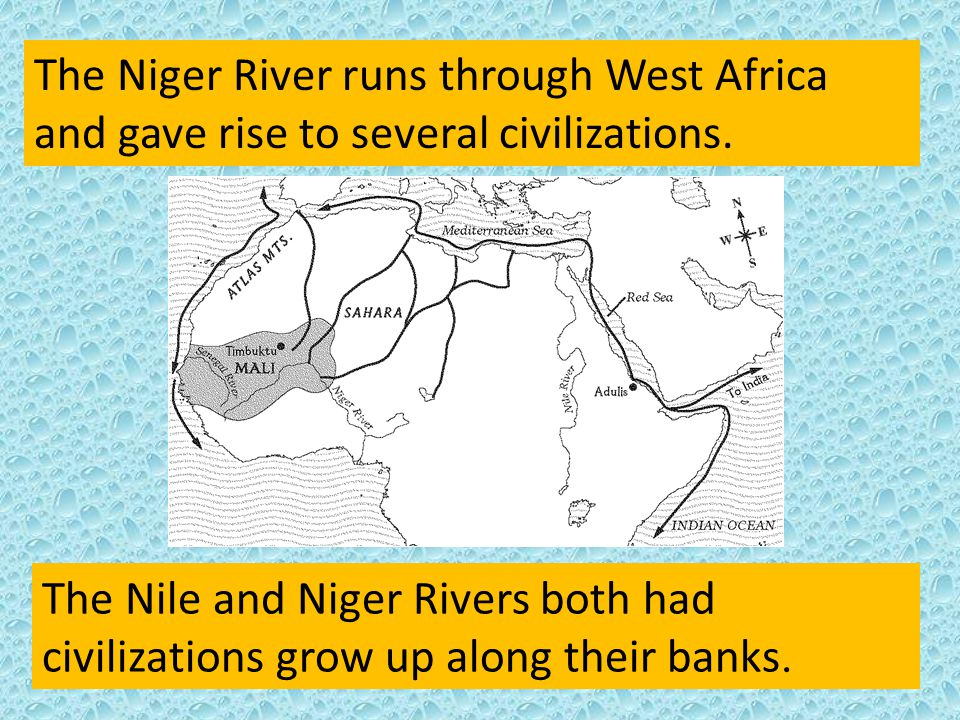 The Niger River runs through West Africa and gave rise to several civilizations.