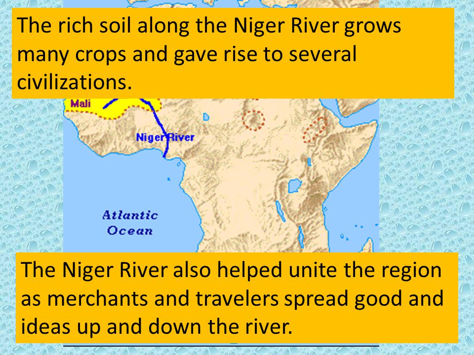 The rich soil along the Niger River grows many crops and gave rise to several civilizations.