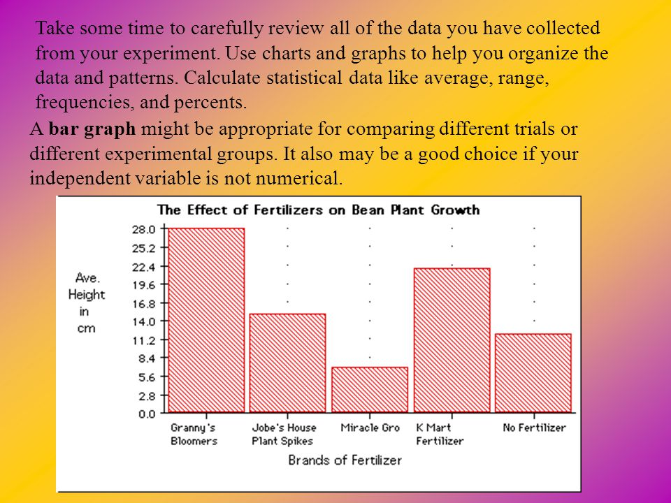 Take some time to carefully review all of the data you have collected from your experiment. Use charts and graphs to help you organize the data and patterns. Calculate statistical data like average, range, frequencies, and percents.
