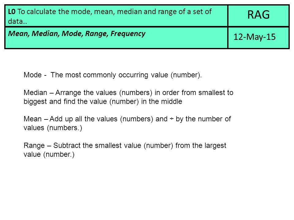 RAG Mean, Median, Mode, Range, Frequency. L0 To calculate the mode, mean, median and range of a set of data..