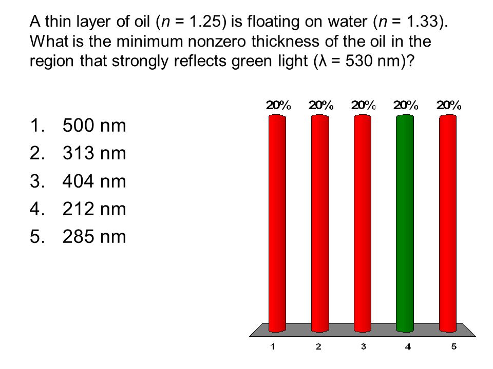 A thin layer of oil (n = 1. 25) is floating on water (n = 1. 33)
