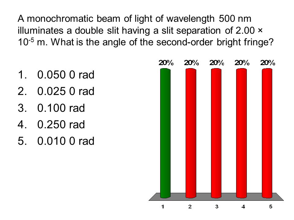 A monochromatic beam of light of wavelength 500 nm illuminates a double slit having a slit separation of 2.00 × 10-5 m. What is the angle of the second-order bright fringe