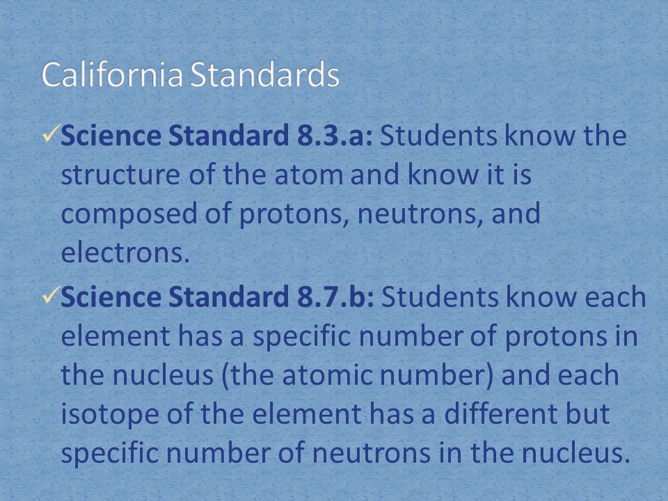 California Standards Science Standard 8.3.a: Students know the structure of the atom and know it is composed of protons, neutrons, and electrons.