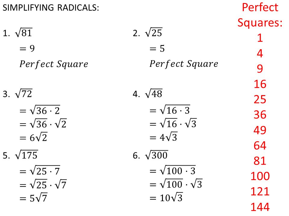 Perfect Squares: SIMPLIFYING RADICALS: