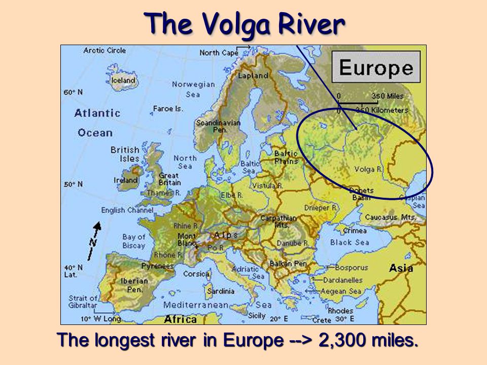 The longest river in Europe --> 2,300 miles.