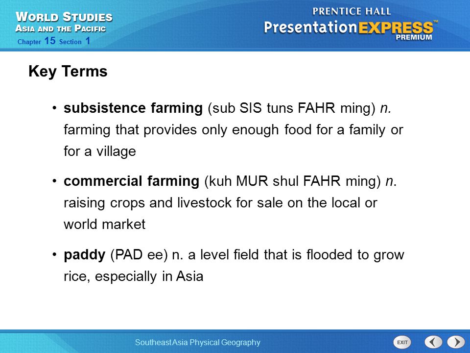 Key Terms subsistence farming (sub SIS tuns FAHR ming) n. farming that provides only enough food for a family or for a village.