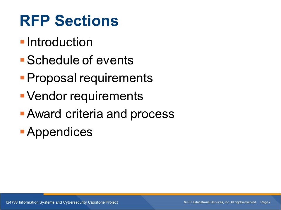 RFP Sections Introduction Schedule of events Proposal requirements