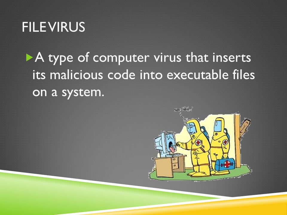 File Virus A type of computer virus that inserts its malicious code into executable files on a system.