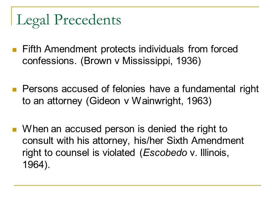 Legal Precedents Fifth Amendment protects individuals from forced confessions. (Brown v Mississippi, 1936)
