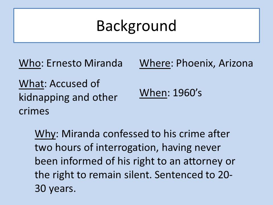 Background Who: Ernesto Miranda Where: Phoenix, Arizona