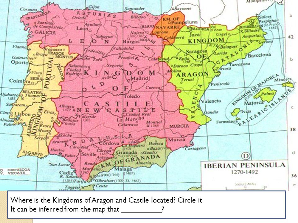 Where is the Kingdoms of Aragon and Castile located Circle it