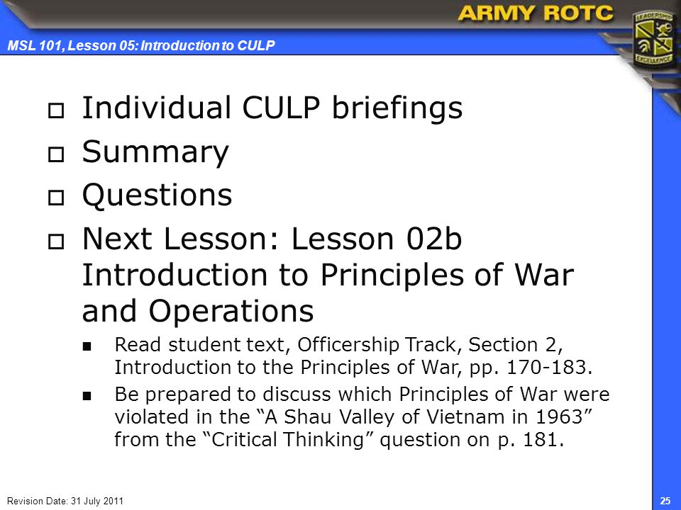 Individual CULP briefings Summary Questions