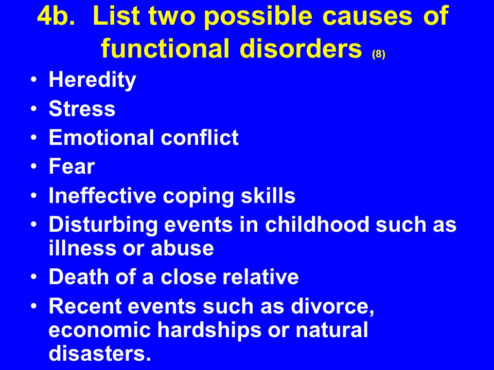 4b. List two possible causes of functional disorders (8)