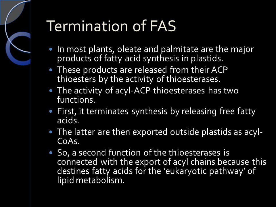 Termination of FAS In most plants, oleate and palmitate are the major products of fatty acid synthesis in plastids.