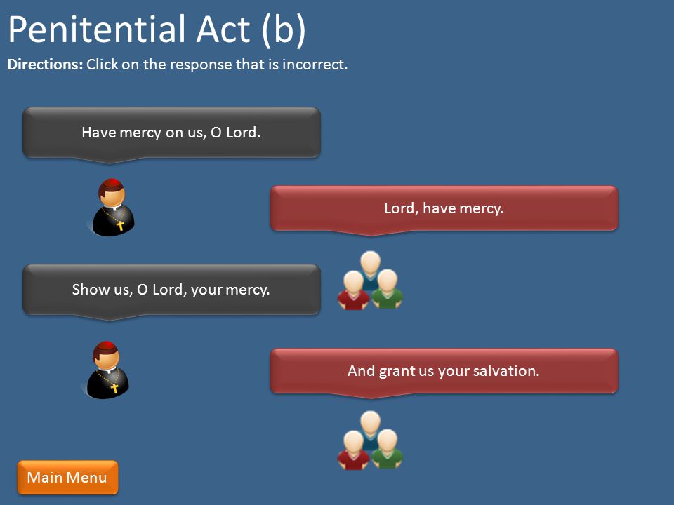 Penitential Act (b) Directions: Click on the response that is incorrect. Have mercy on us, O Lord.