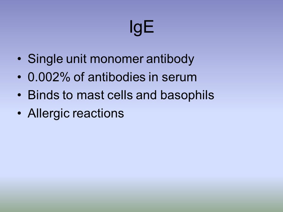 IgE Single unit monomer antibody 0.002% of antibodies in serum