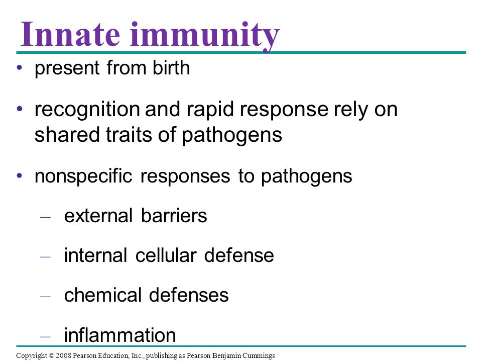 Innate immunity present from birth. recognition and rapid response rely on shared traits of pathogens.