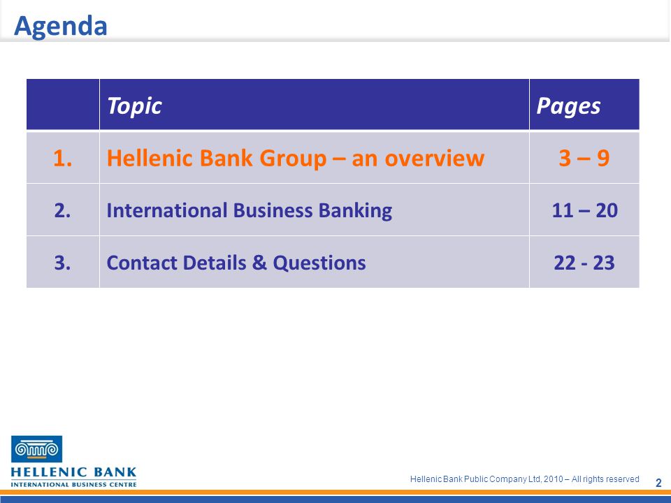 Agenda Topic Pages 1 Hellenic Bank Group An Overview 3 Ppt