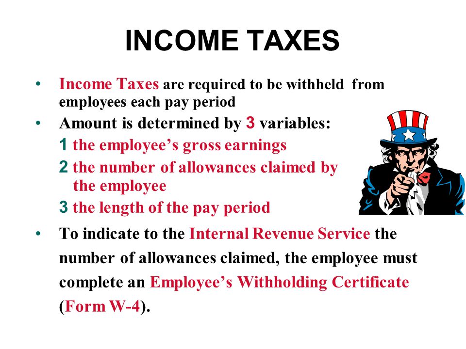 INCOME TAXES Income Taxes are required to be withheld from employees each pay period. Amount is determined by 3 variables: