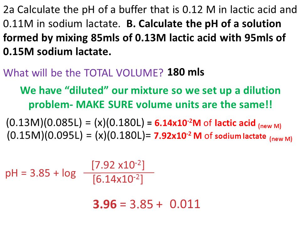 2a Calculate the pH of a buffer that is M in lactic acid and 0