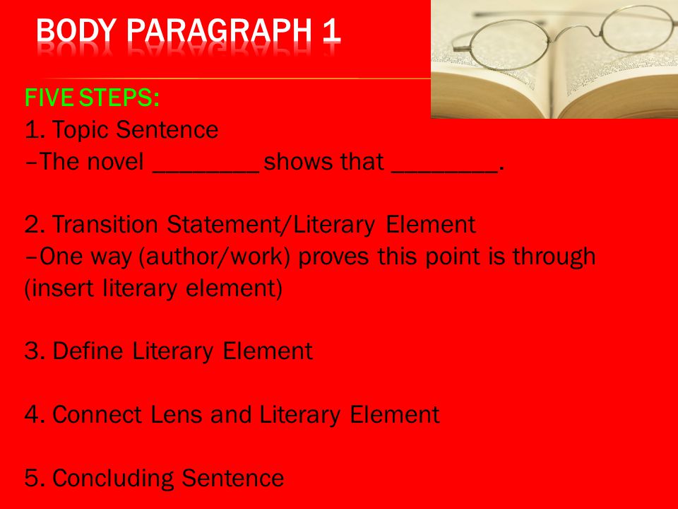 Body Paragraph 1 FIVE STEPS: 1. Topic Sentence